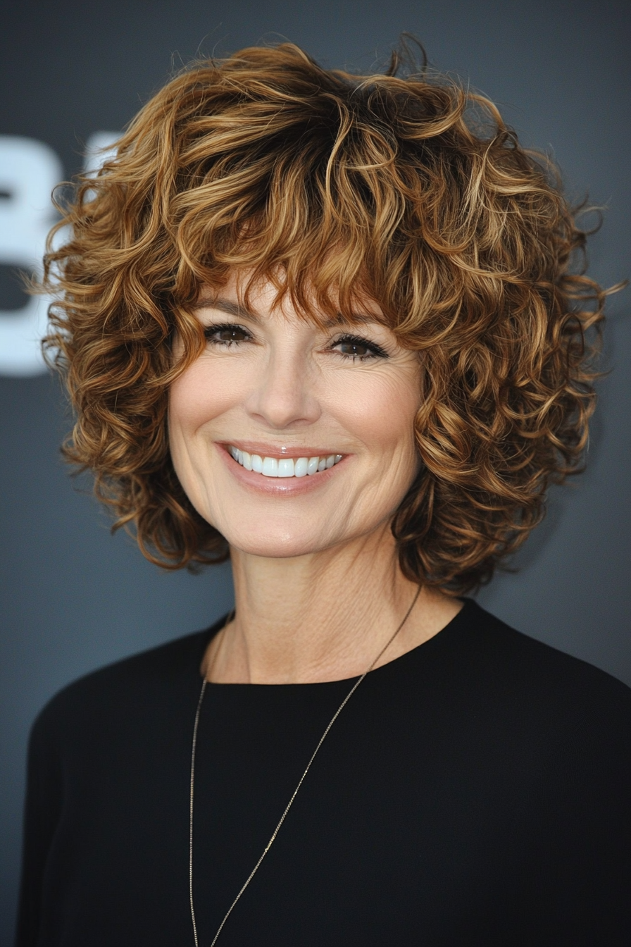 11. Curly Shaggy Bob in Caramel Brown (Curly Bob Hairstyles For Over 50) - Curly Bob Hairstyles For Over 50