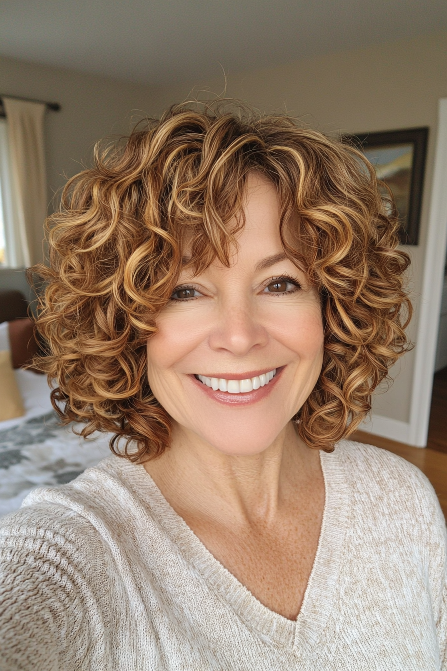 13. Curly Bob with Highlights in Golden Brown (Curly Bob Hairstyles For Over 50) - Curly Bob Hairstyles For Over 50