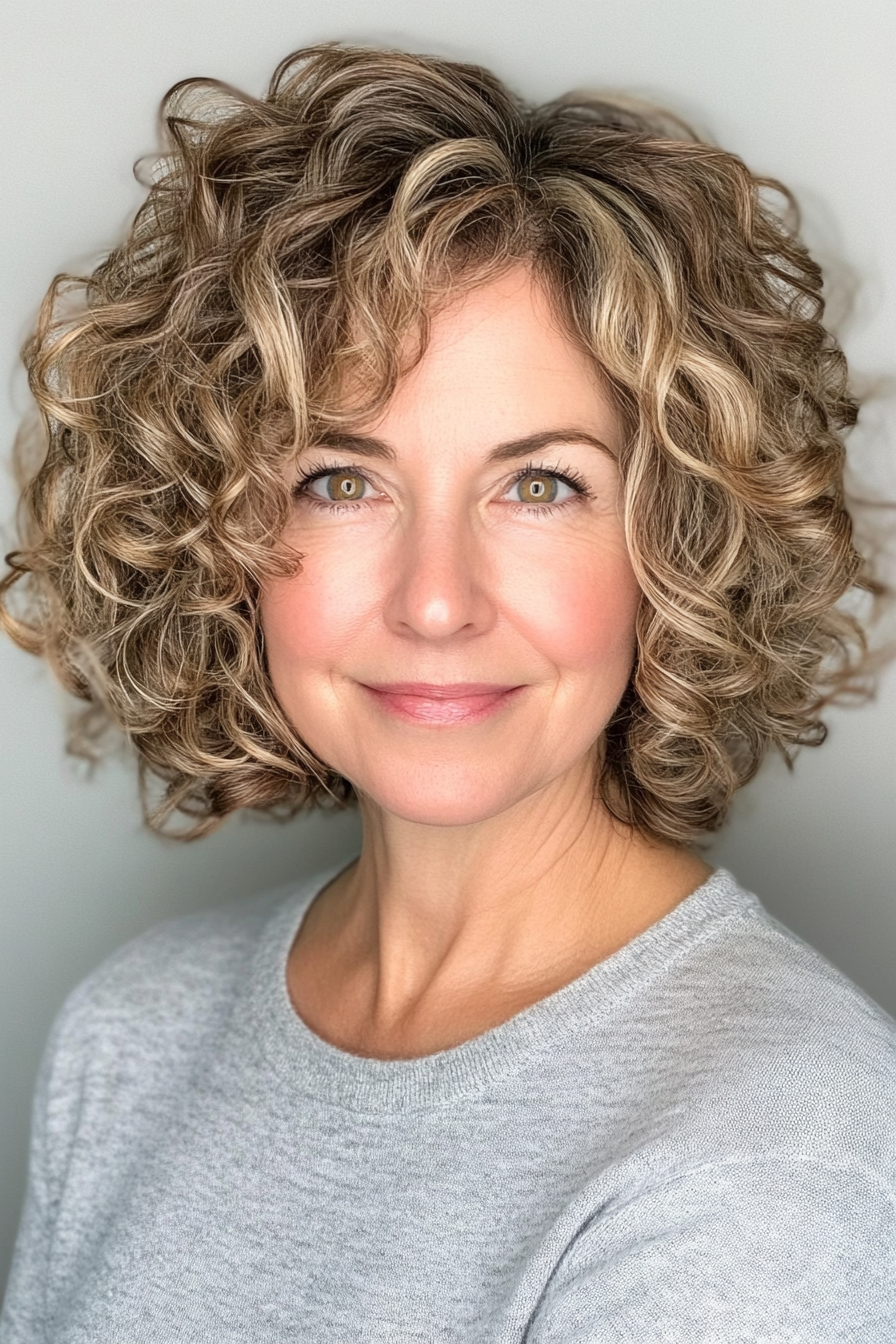 14. Curly Bob with Feathered Layers in Light Brown (Curly Bob Hairstyles For Over 50) - Curly Bob Hairstyles For Over 50