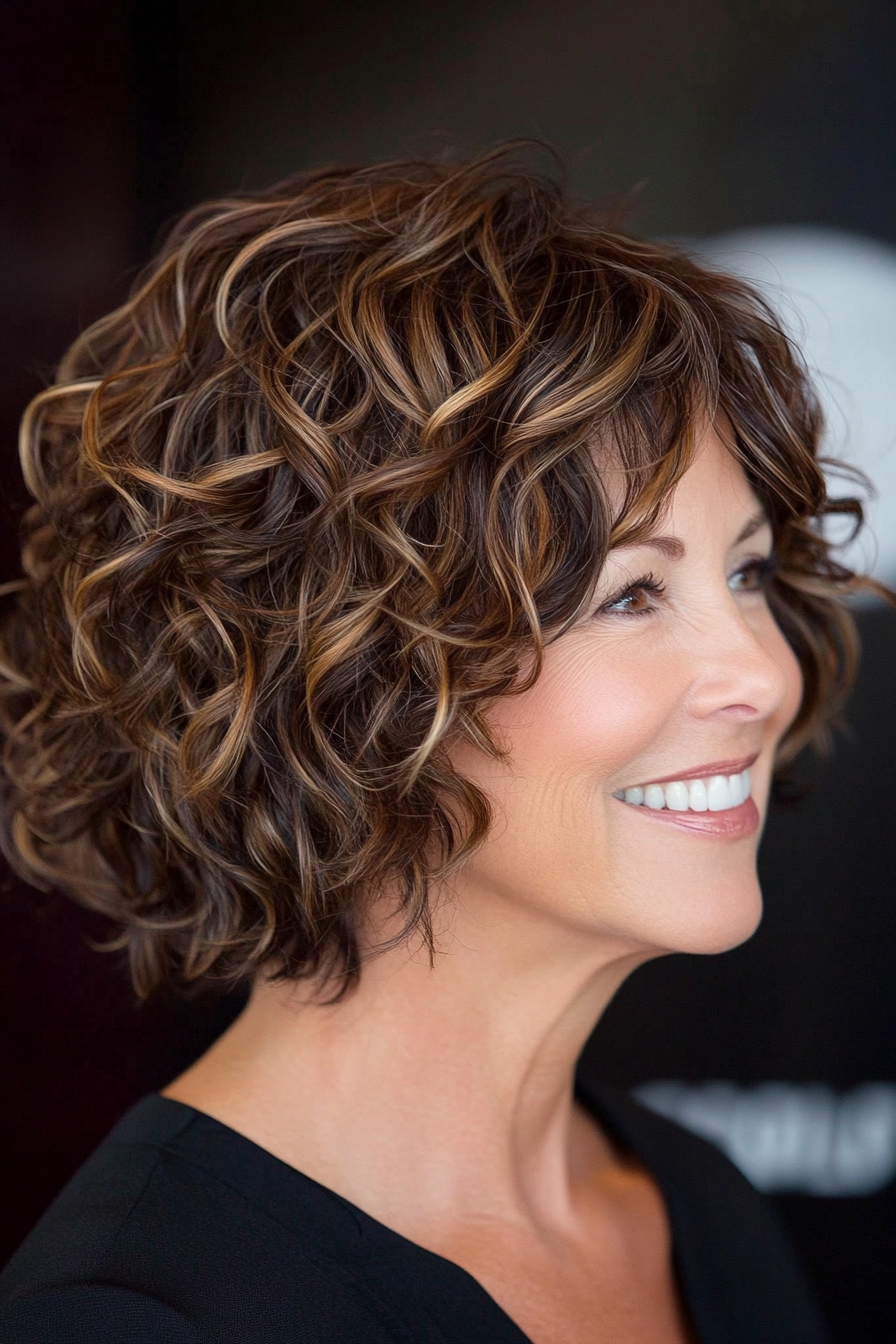 15. Curly Bob with Deep Side Part in Rich Mocha (Curly Bob Hairstyles For Over 50) - Curly Bob Hairstyles For Over 50