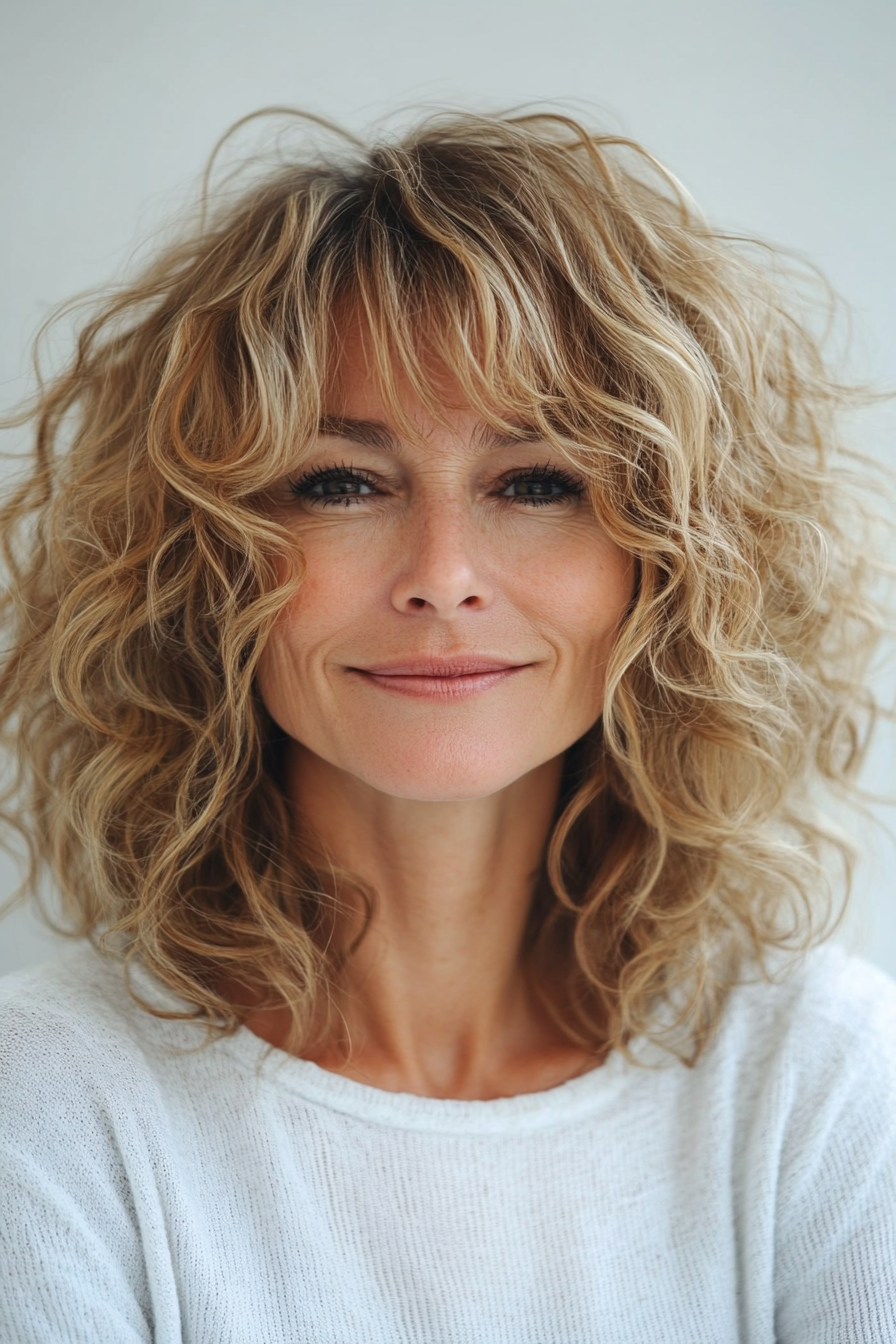 16. Curly Bob with Wispy Bangs in Sandy Blonde (Curly Bob Hairstyles For Over 50) - Curly Bob Hairstyles For Over 50