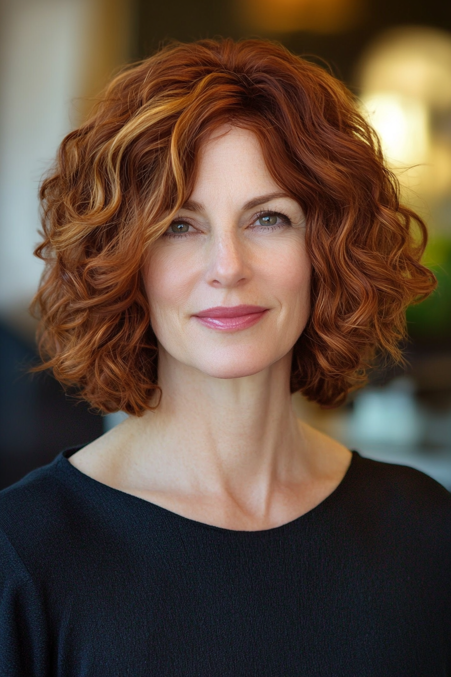 17. Curly Bob with Angled Layers in Chestnut Brown (Curly Bob Hairstyles For Over 50) - Curly Bob Hairstyles For Over 50