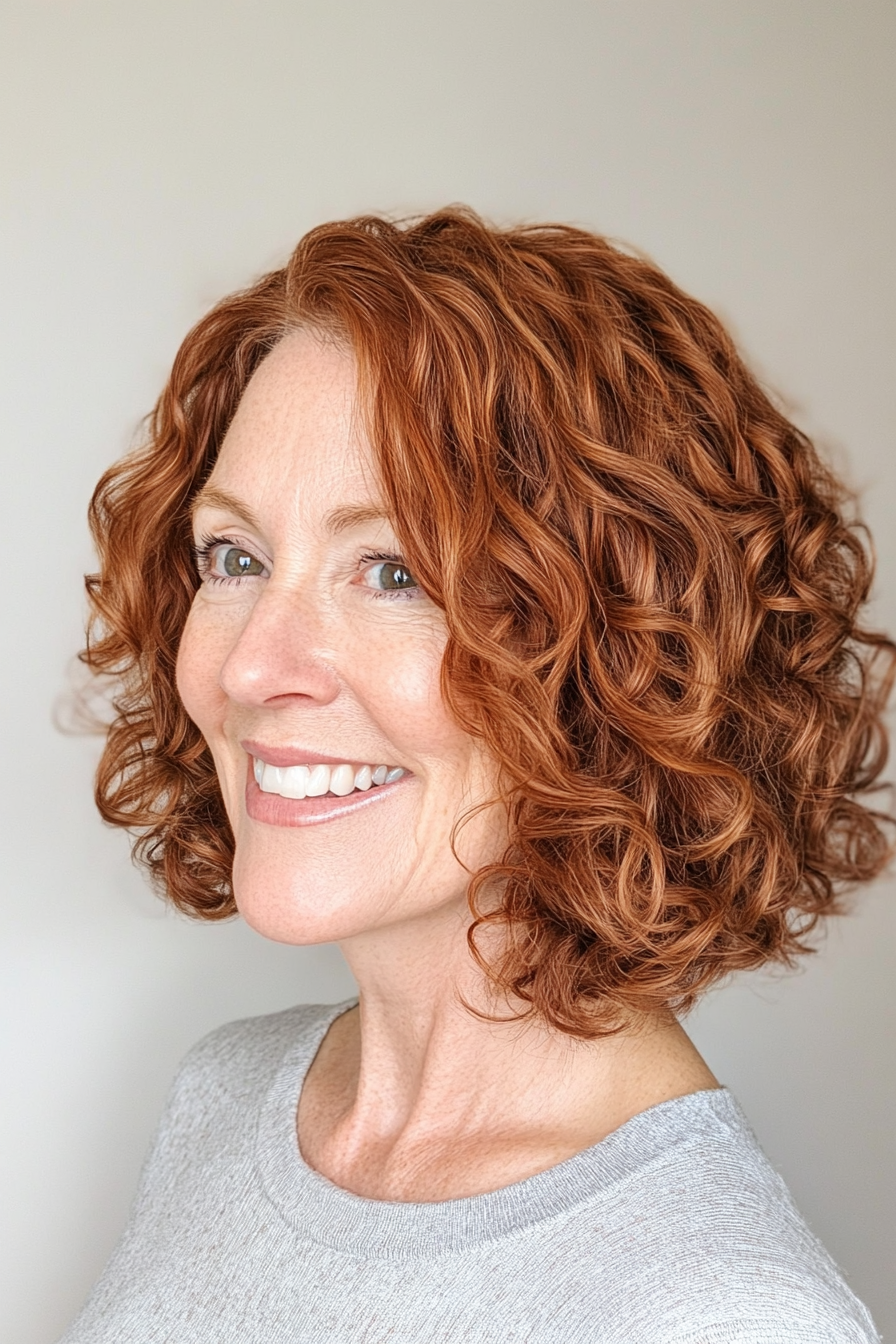 18. Curly Bob with Face-Framing Highlights in Copper Brown (Curly Bob Hairstyles For Over 50) - Curly Bob Hairstyles For Over 50