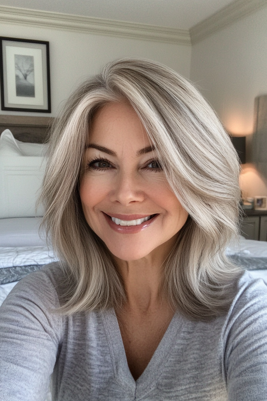 4. Feathered Layers in Ash Blonde (Shoulder Length Haircuts For Women Over 50) - Shoulder Length Haircuts For Women Over 50