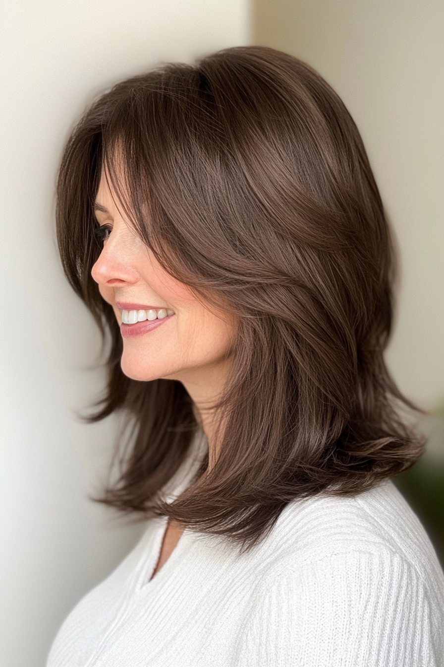 6. Subtle Curtain Bangs with Dark Espresso Brown (Shoulder Length Haircuts For Women Over 50) - Shoulder Length Haircuts For Women Over 50