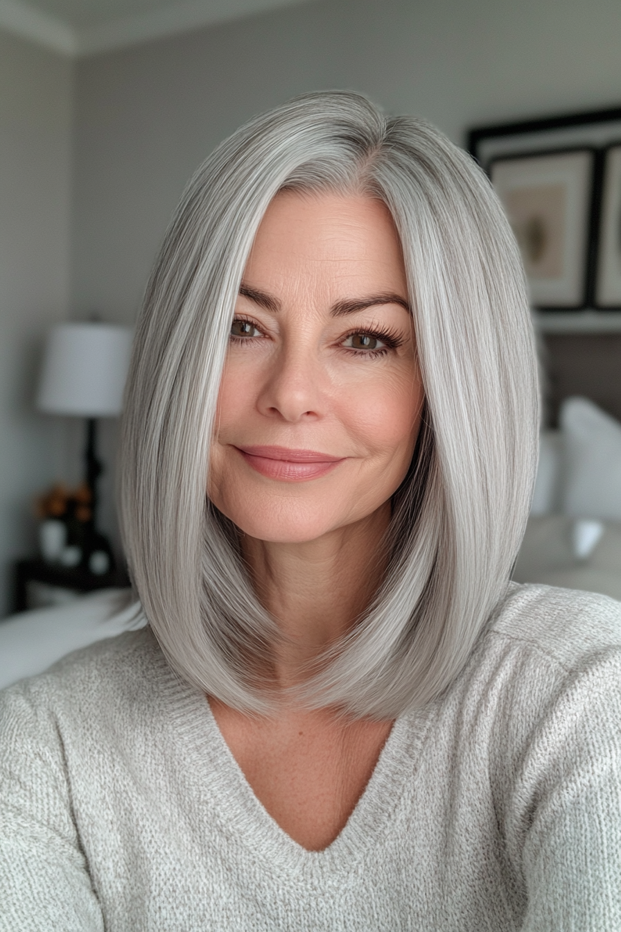 7. Angled Lob in Silver Gray (Shoulder Length Haircuts For Women Over 50) - Shoulder Length Haircuts For Women Over 50
