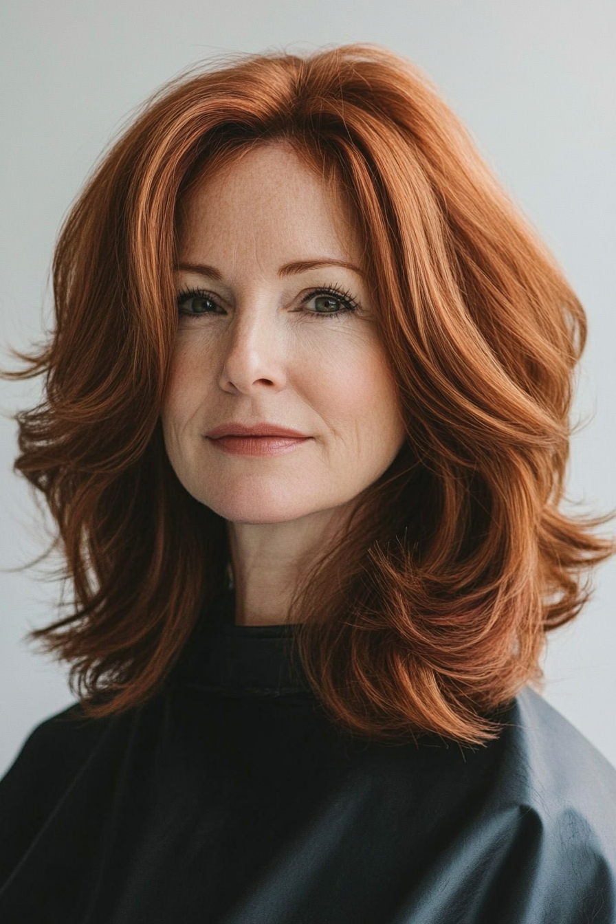 8. Tousled Mid-Length Layers in Auburn Brown (Shoulder Length Haircuts For Women Over 50) - Shoulder Length Haircuts For Women Over 50