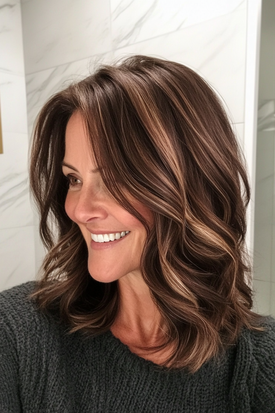 10. Side-Parted Waves in Natural Dark Brown (Shoulder Length Haircuts For Women Over 50) - Shoulder Length Haircuts For Women Over 50