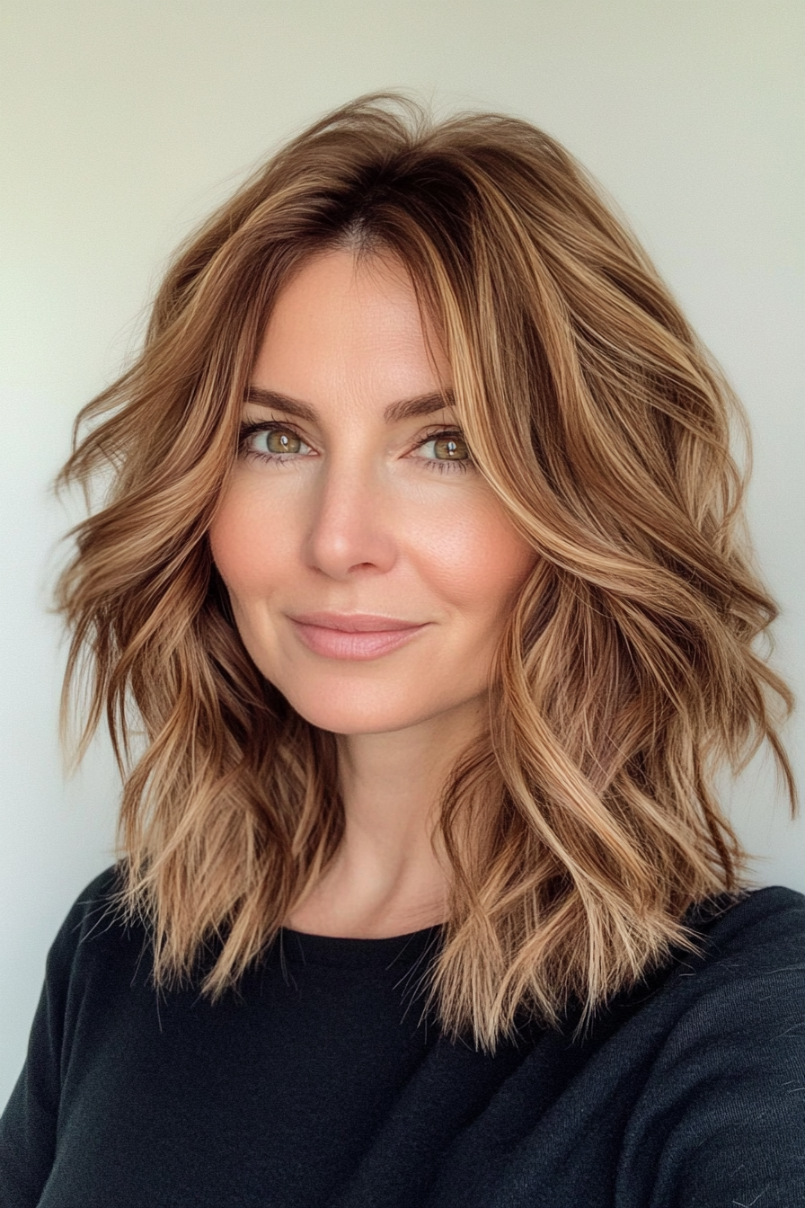 12. Soft Flip Layers in Warm Honey Brown (Shoulder Length Haircuts For Women Over 50) - Shoulder Length Haircuts For Women Over 50