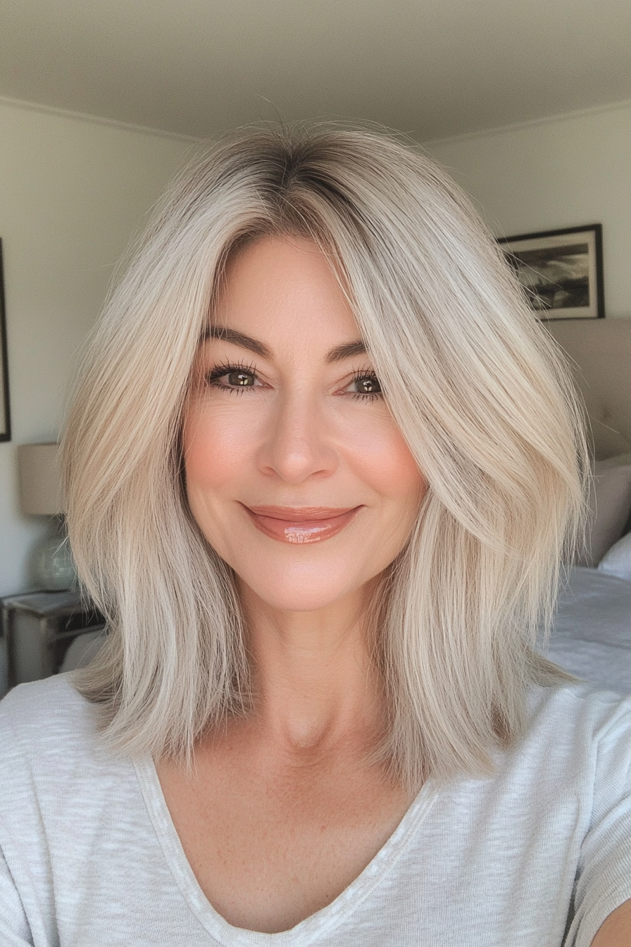 15. Layered Shoulder Cut in Champagne Blonde (Shoulder Length Haircuts For Women Over 50) - Shoulder Length Haircuts For Women Over 50