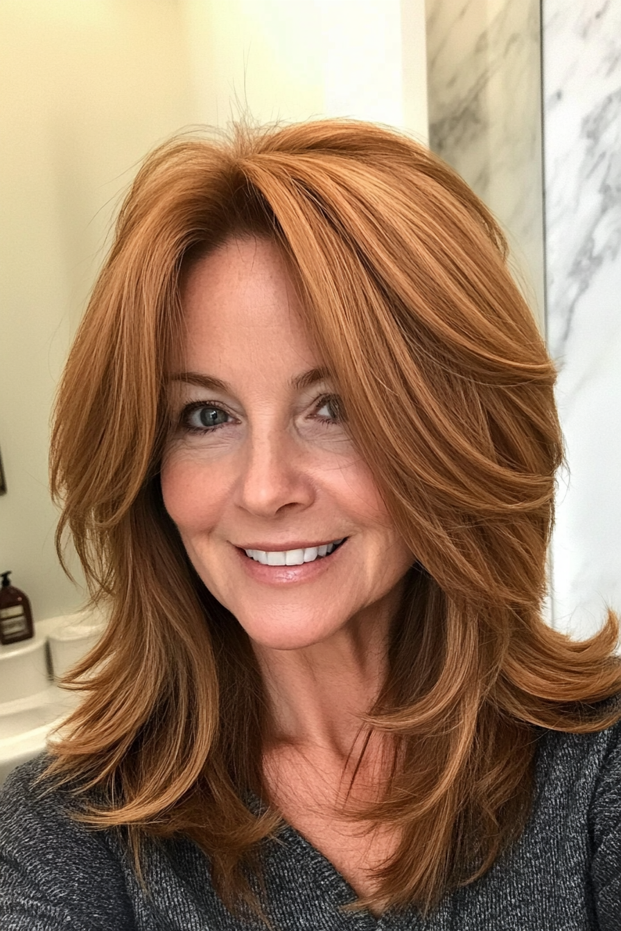 17. Face-Framing Layers in Cinnamon Brown (Shoulder Length Haircuts For Women Over 50) - Shoulder Length Haircuts For Women Over 50