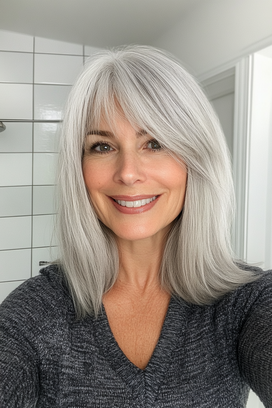 18. Shoulder-Length Cut with Wispy Bangs in Soft Silver (Shoulder Length Haircuts For Women Over 50) - Shoulder Length Haircuts For Women Over 50