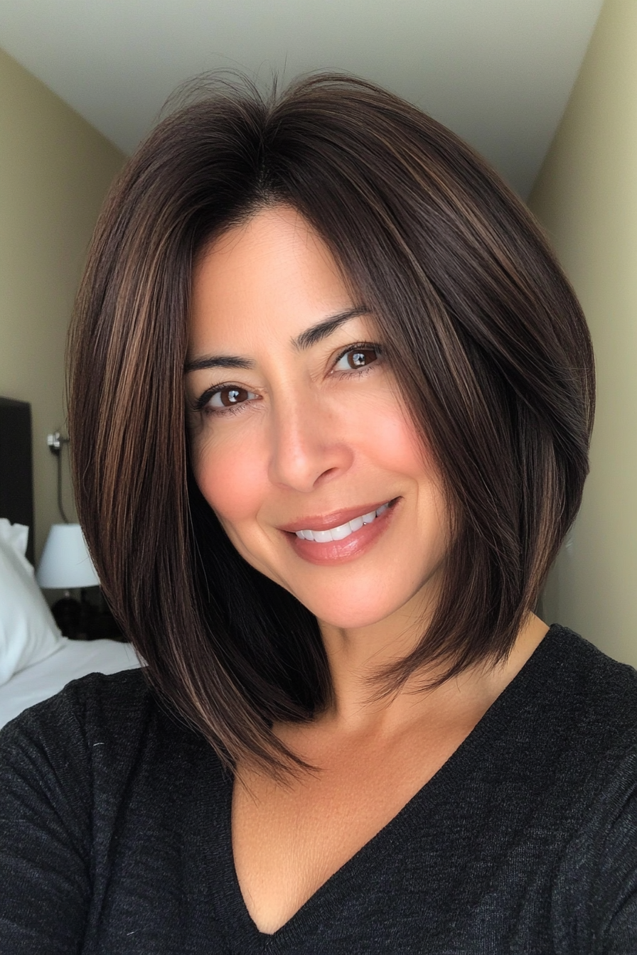 20. Rounded Shoulder Bob in Dark Chocolate Brown (Shoulder Length Haircuts For Women Over 50) - Shoulder Length Haircuts For Women Over 50