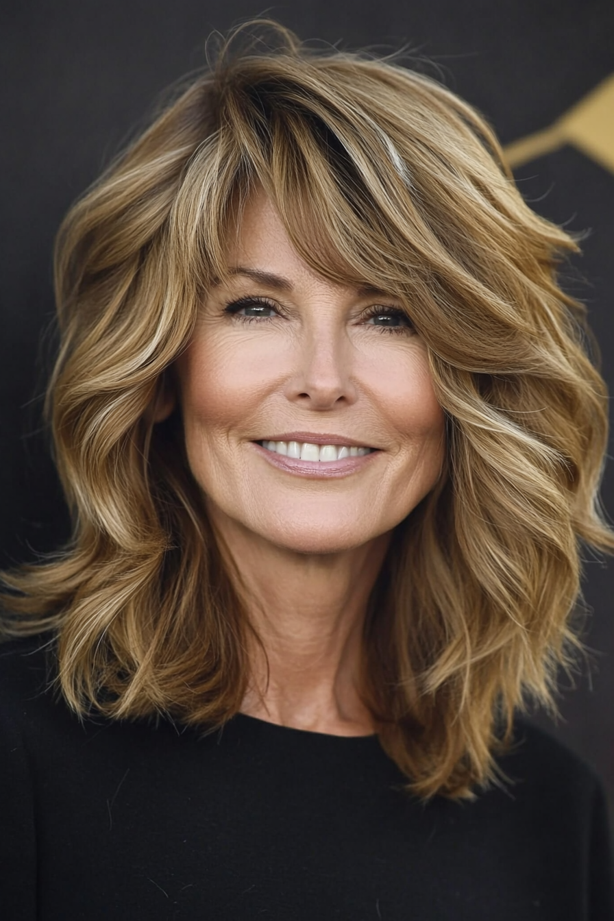 22. Mid-Length Waves with Side Bangs in Soft Caramel (Shoulder Length Haircuts For Women Over 50) - Shoulder Length Haircuts For Women Over 50