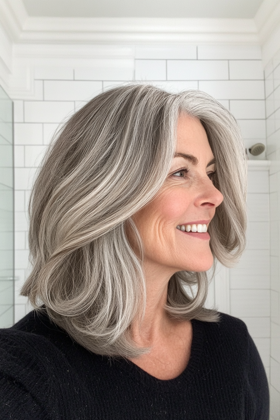 23. Shoulder-Length Cut with Face-Framing Highlights in Natural Gray (Shoulder Length Haircuts For Women Over 50) - Shoulder Length Haircuts For Women Over 50