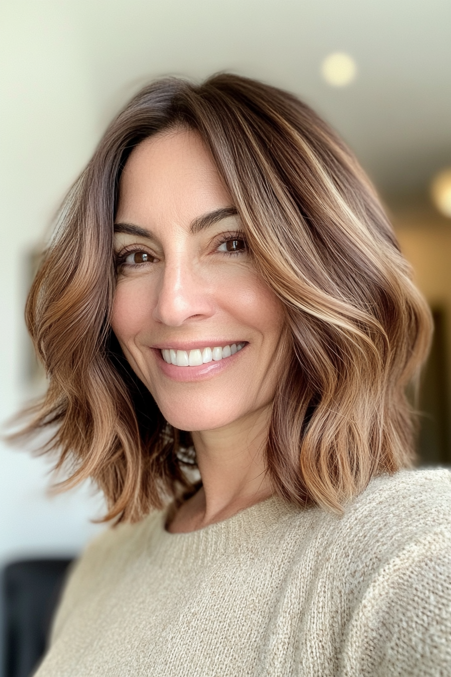 24. Layered Lob with Soft Chestnut Balayage (Shoulder Length Haircuts For Women Over 50) - Shoulder Length Haircuts For Women Over 50