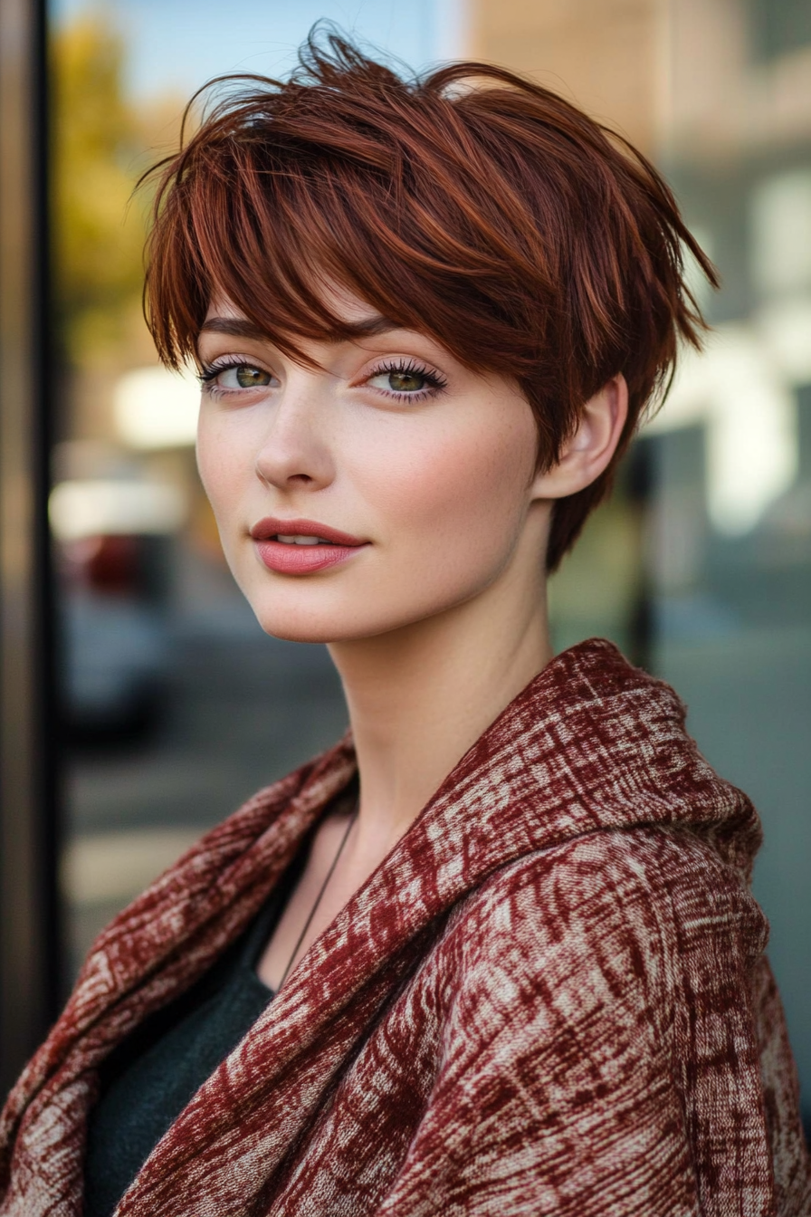 13. Pixie with Side-Swept Layers in Deep Auburn (Short Hairstyles With Layers) - Short Hairstyles With Layers
