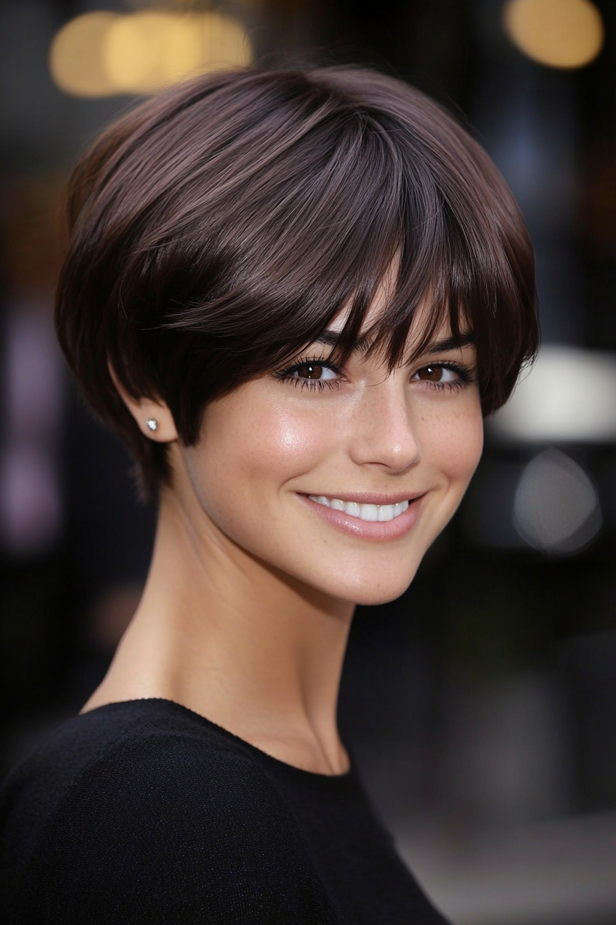 24. Layered Bowl Cut in Deep Brown (Short Hairstyles With Layers) - Short Hairstyles With Layers