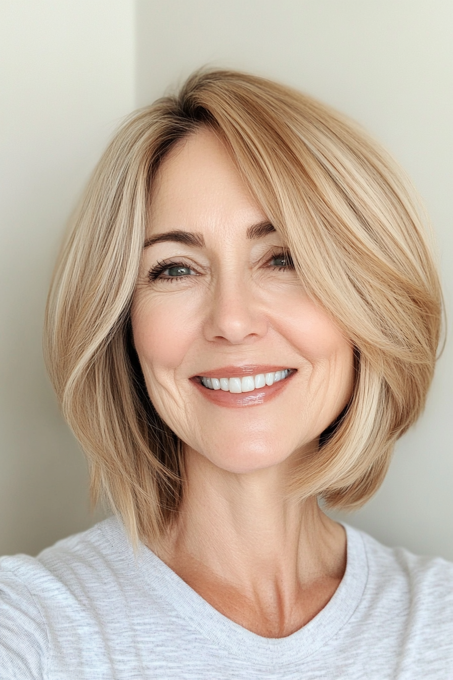 6. Side-Swept Bob in Warm Honey Blonde (Bob Hairstyles For Women Over 60) - Bob Hairstyles For Women Over 60