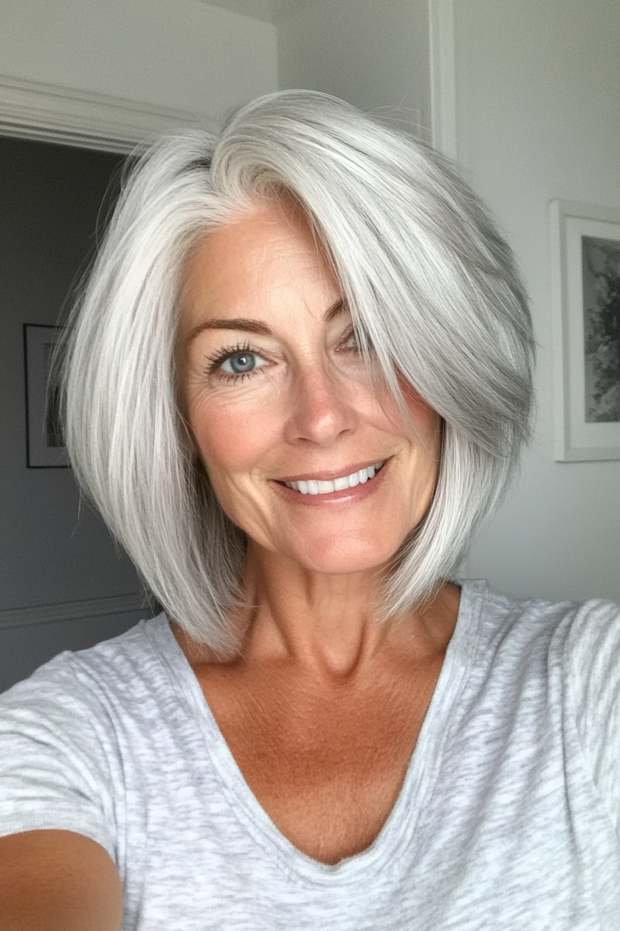 9. Wispy Layered Bob in Soft Silver (Bob Hairstyles For Women Over 60) - Bob Hairstyles For Women Over 60