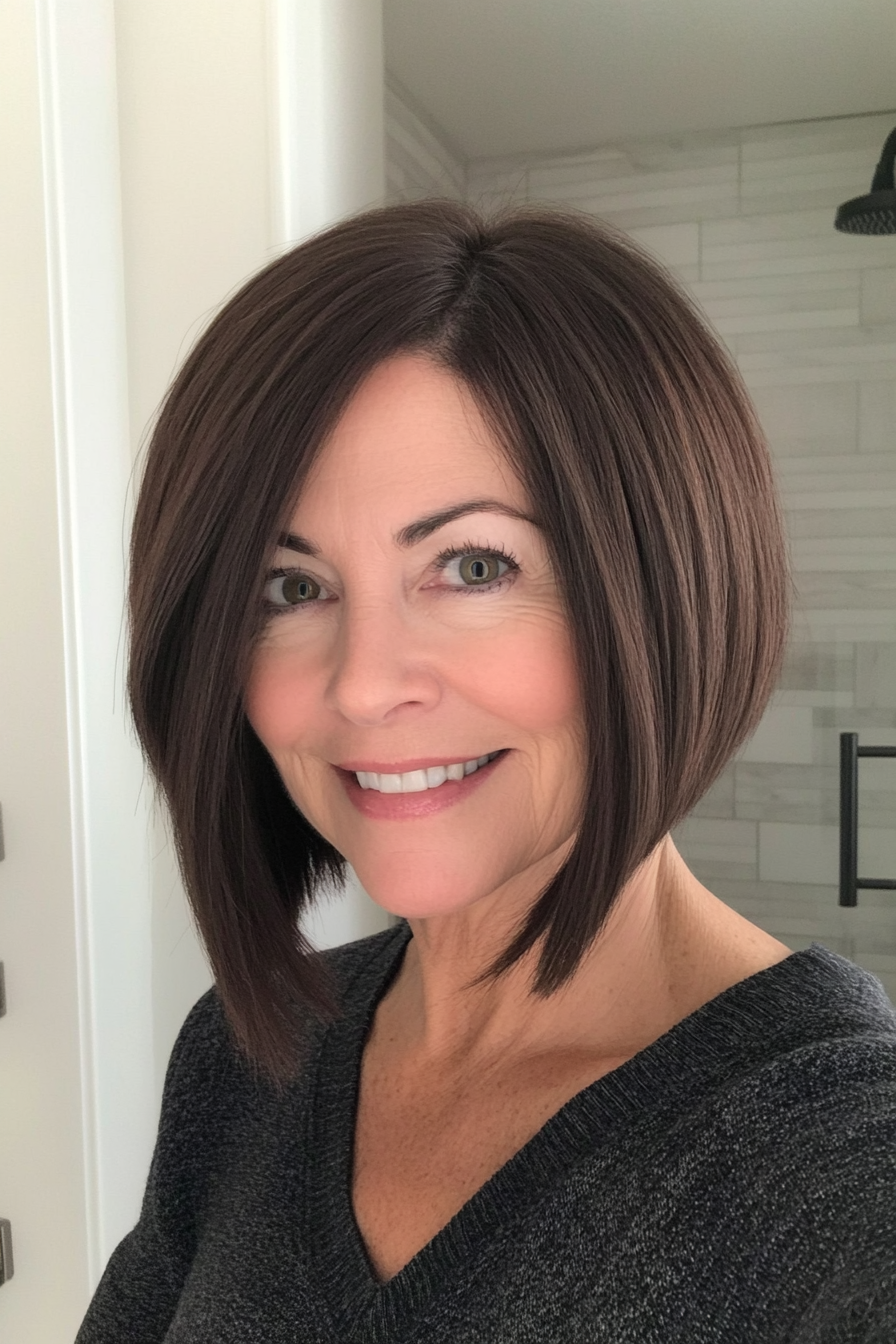 11. Asymmetrical Bob in Natural Dark Brown (Bob Hairstyles For Women Over 60) - Bob Hairstyles For Women Over 60