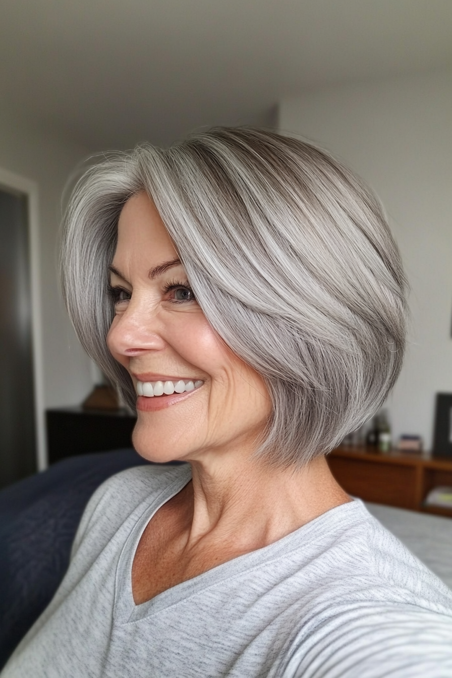 13. Stacked Bob in Salt-and-Pepper Gray (Bob Hairstyles For Women Over 60) - Bob Hairstyles For Women Over 60