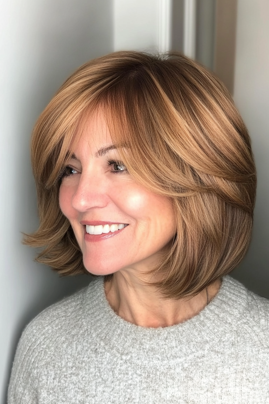 14. Fringed Bob in Soft Caramel Brown (Bob Hairstyles For Women Over 60) - Bob Hairstyles For Women Over 60