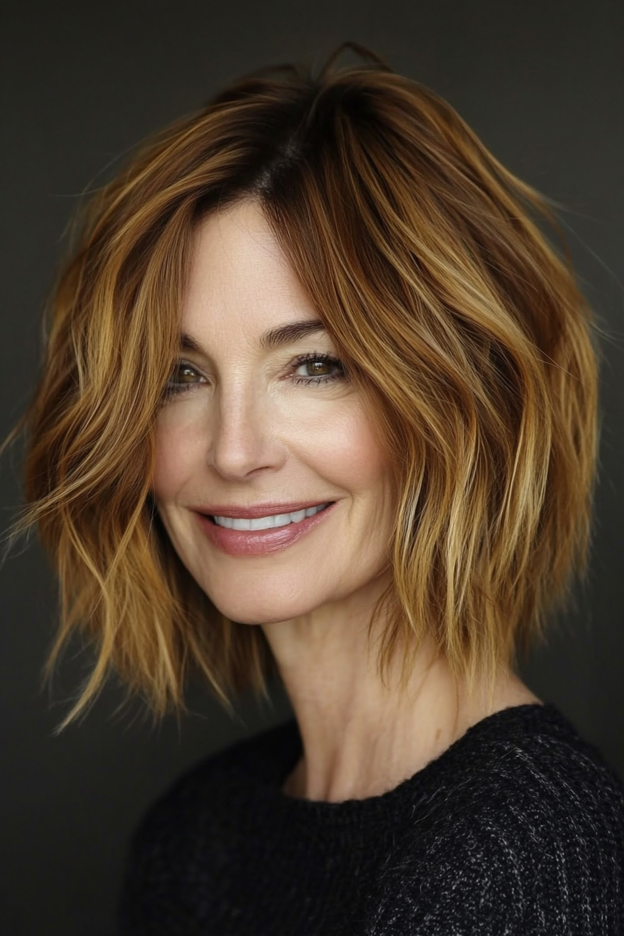 20. Messy Bob in Golden Chestnut (Bob Hairstyles For Women Over 60) - Bob Hairstyles For Women Over 60
