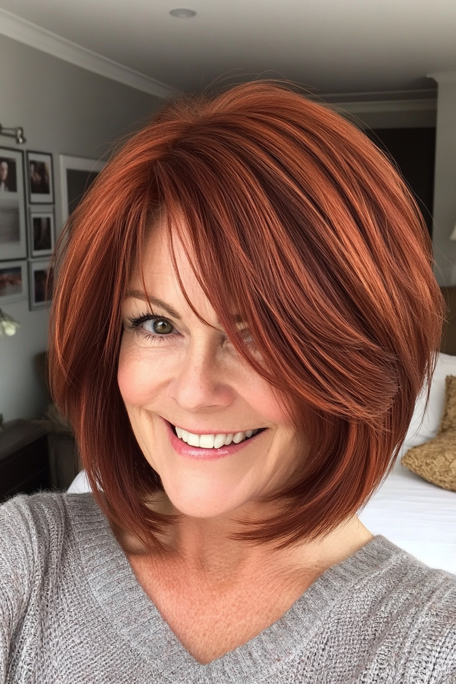 21. Layered Bob with Curtain Bangs in Deep Copper Red (Bob Hairstyles For Women Over 60) - Bob Hairstyles For Women Over 60