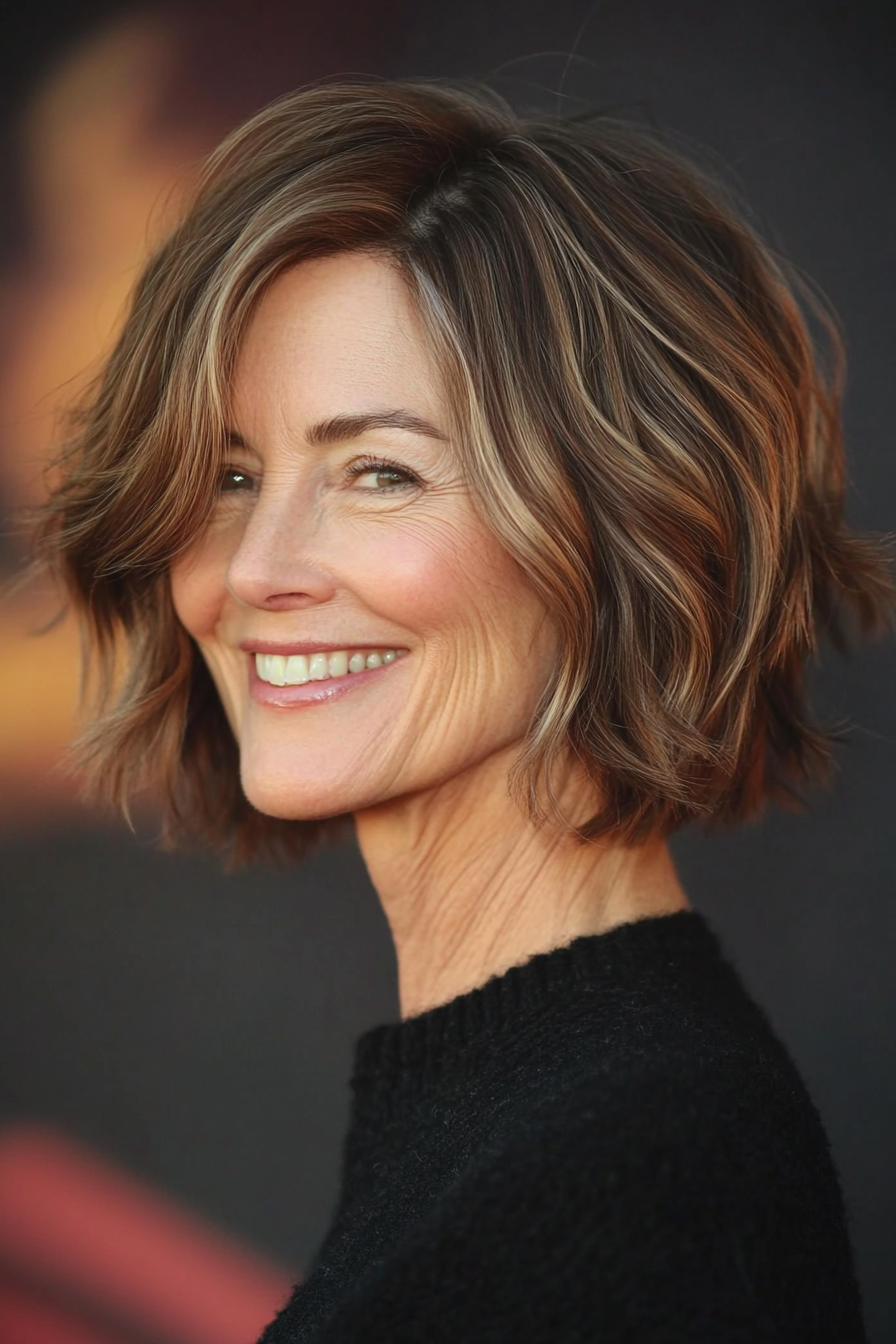25. Tousled Bob with Side Part in Medium Warm Brown (Bob Hairstyles For Women Over 60) - Bob Hairstyles For Women Over 60