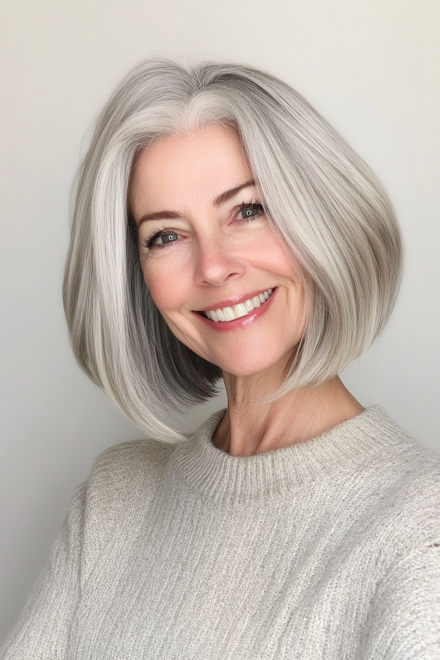 27. Classic Layered Bob in Silver Ash Blonde (Bob Hairstyles For Women Over 60) - Bob Hairstyles For Women Over 60