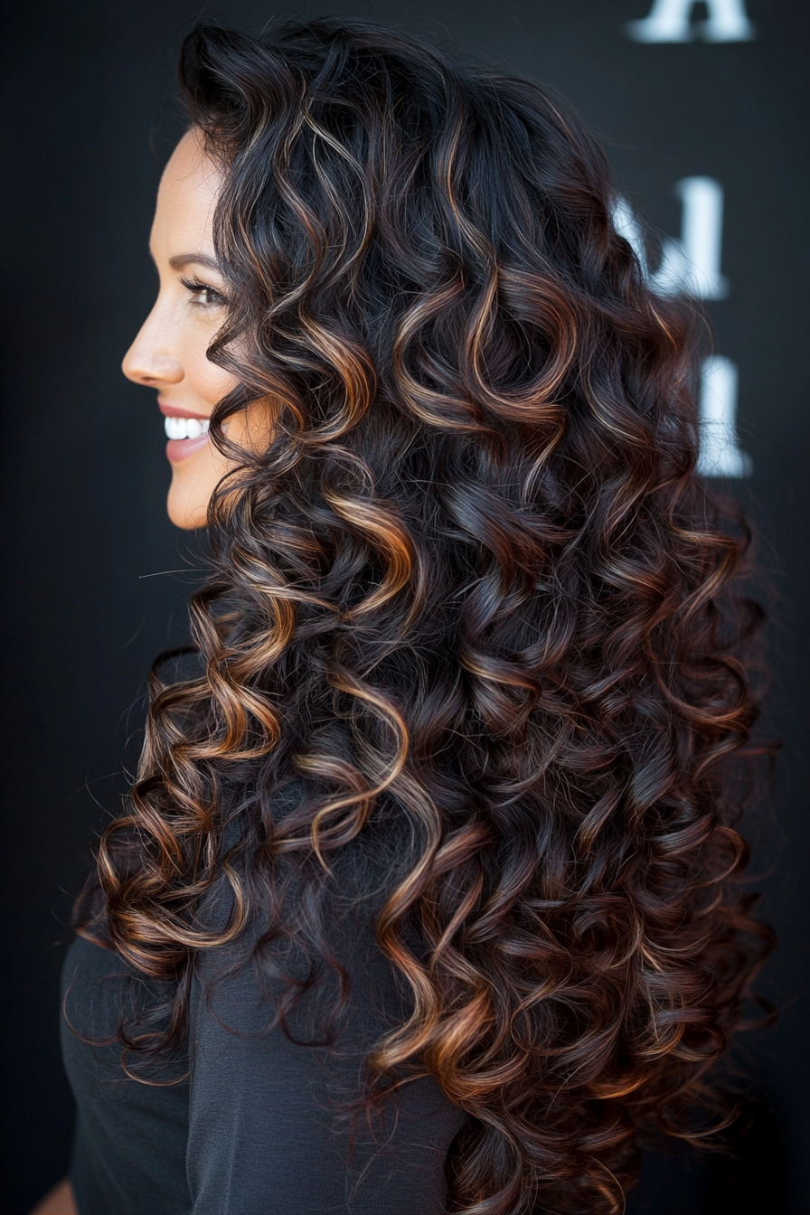 3. Long Cascading Curls in Deep Espresso (Curly Hairstyles For Women Over 40) - Curly Hairstyles For Women Over 40