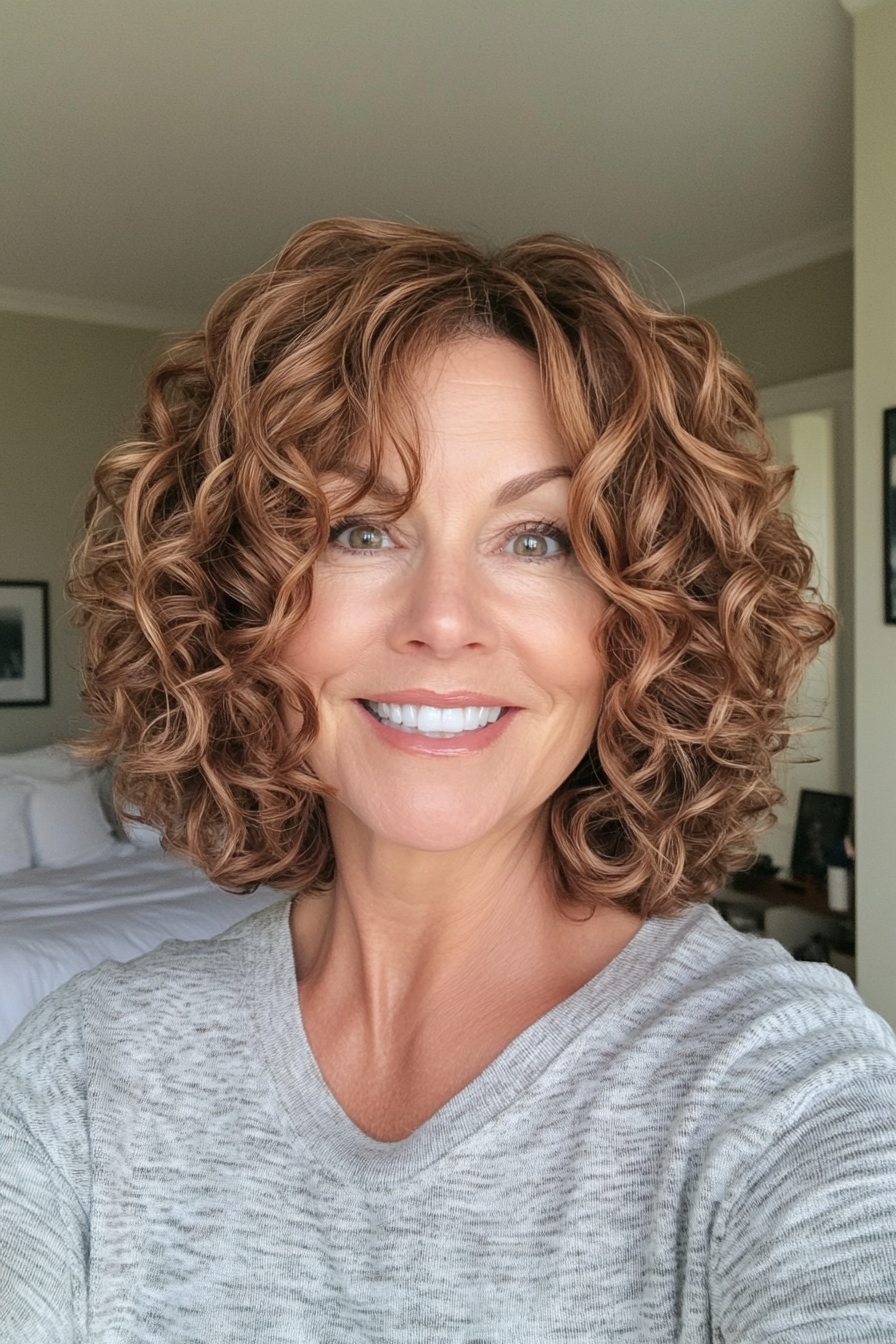 4. Chin-Length Curly Bob in Honey Brown (Curly Hairstyles For Women Over 40) - Curly Hairstyles For Women Over 40