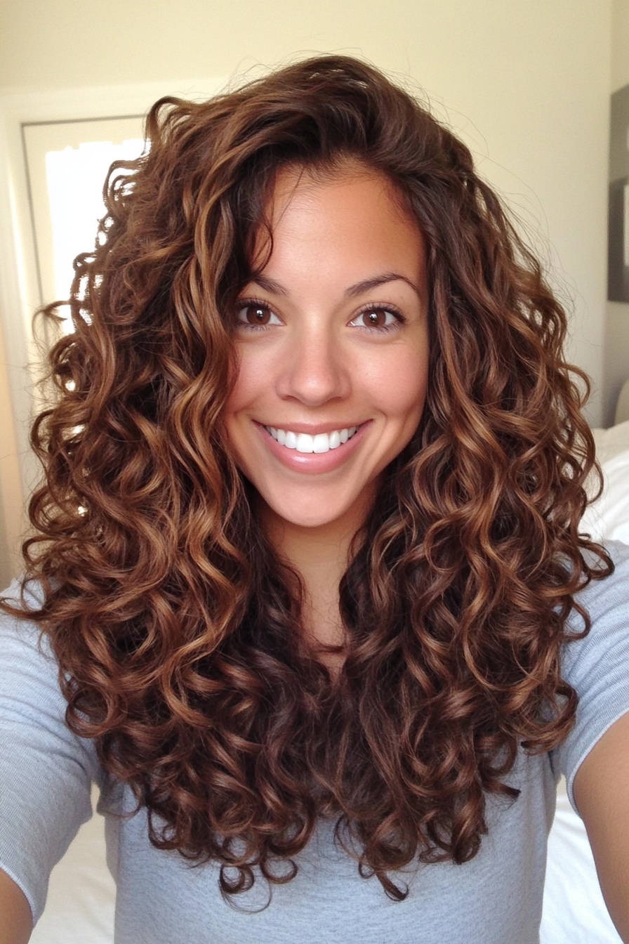 8. Voluminous Shoulder-Length Cut in Caramel Brown (Curly Hairstyles For Women Over 40) - Curly Hairstyles For Women Over 40