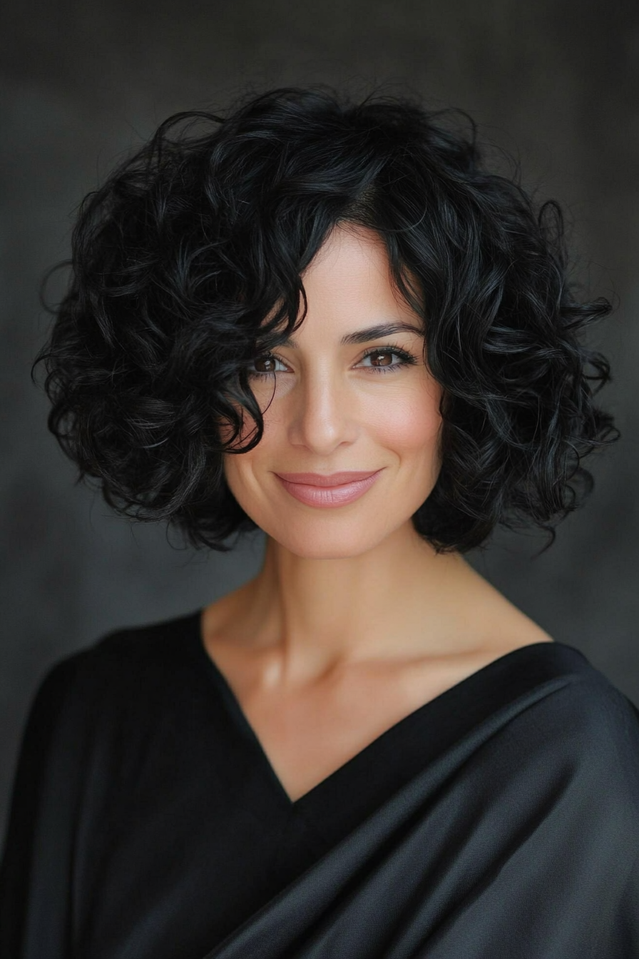 9. Side-Parted Curly Bob in Soft Black (Curly Hairstyles For Women Over 40) - Curly Hairstyles For Women Over 40