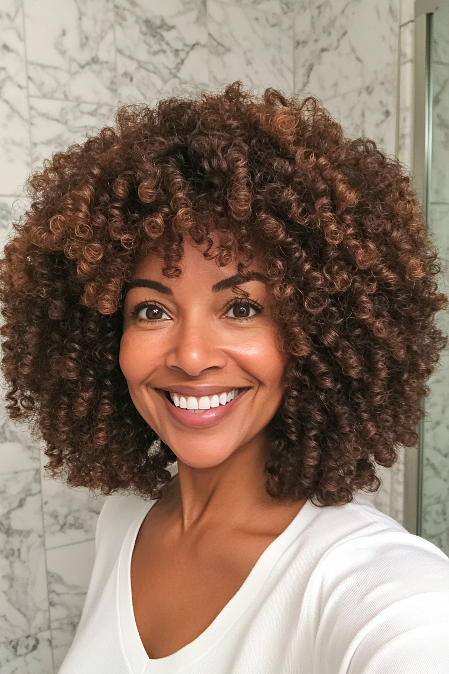 10. Rounded Curly Afro in Warm Mocha (Curly Hairstyles For Women Over 40) - Curly Hairstyles For Women Over 40