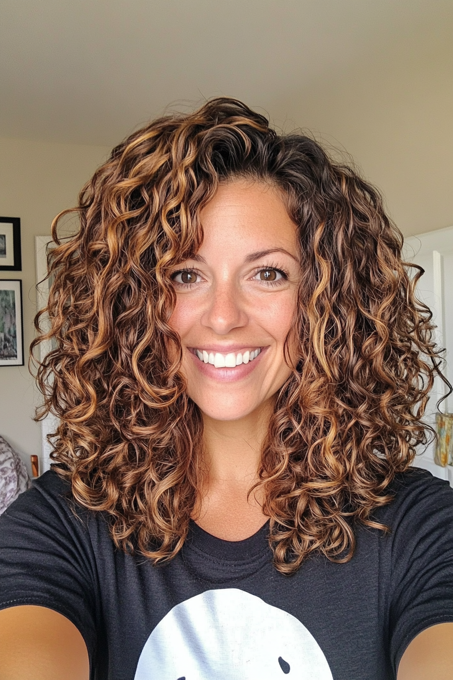 13. Choppy Layered Curly Lob in Dark Honey Blonde (Curly Hairstyles For Women Over 40) - Curly Hairstyles For Women Over 40