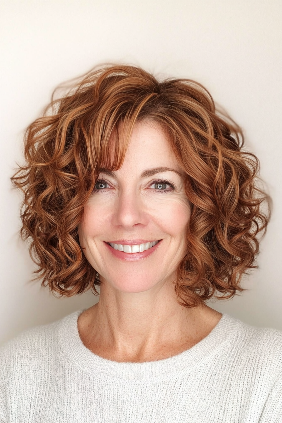 14. Angled Curly Bob in Soft Copper Brown (Curly Hairstyles For Women Over 40) - Curly Hairstyles For Women Over 40