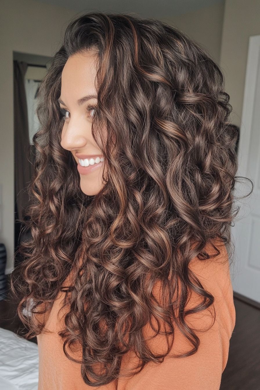 15. Long Soft Curls with Face-Framing Layers in Deep Brunette (Curly Hairstyles For Women Over 40) - Curly Hairstyles For Women Over 40