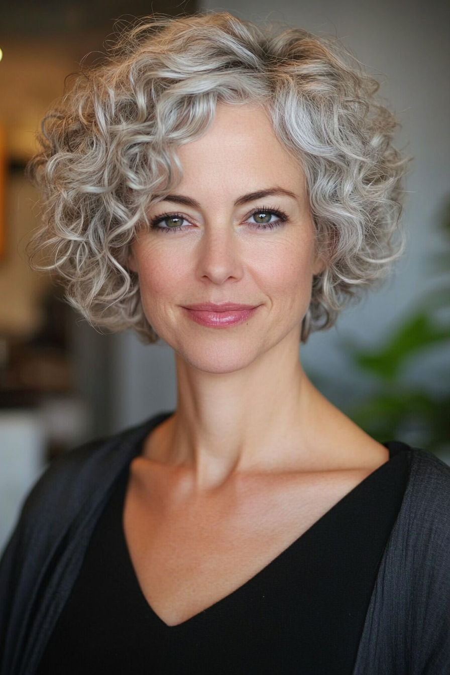 16. Short Curly Cut with Tapered Sides in Salt and Pepper (Curly Hairstyles For Women Over 40) - Curly Hairstyles For Women Over 40