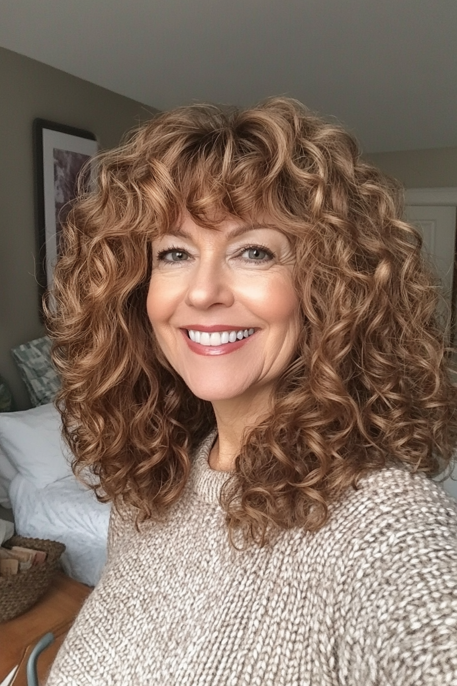 17. Bouncy Collarbone Curls in Medium Golden Brown (Curly Hairstyles For Women Over 40) - Curly Hairstyles For Women Over 40