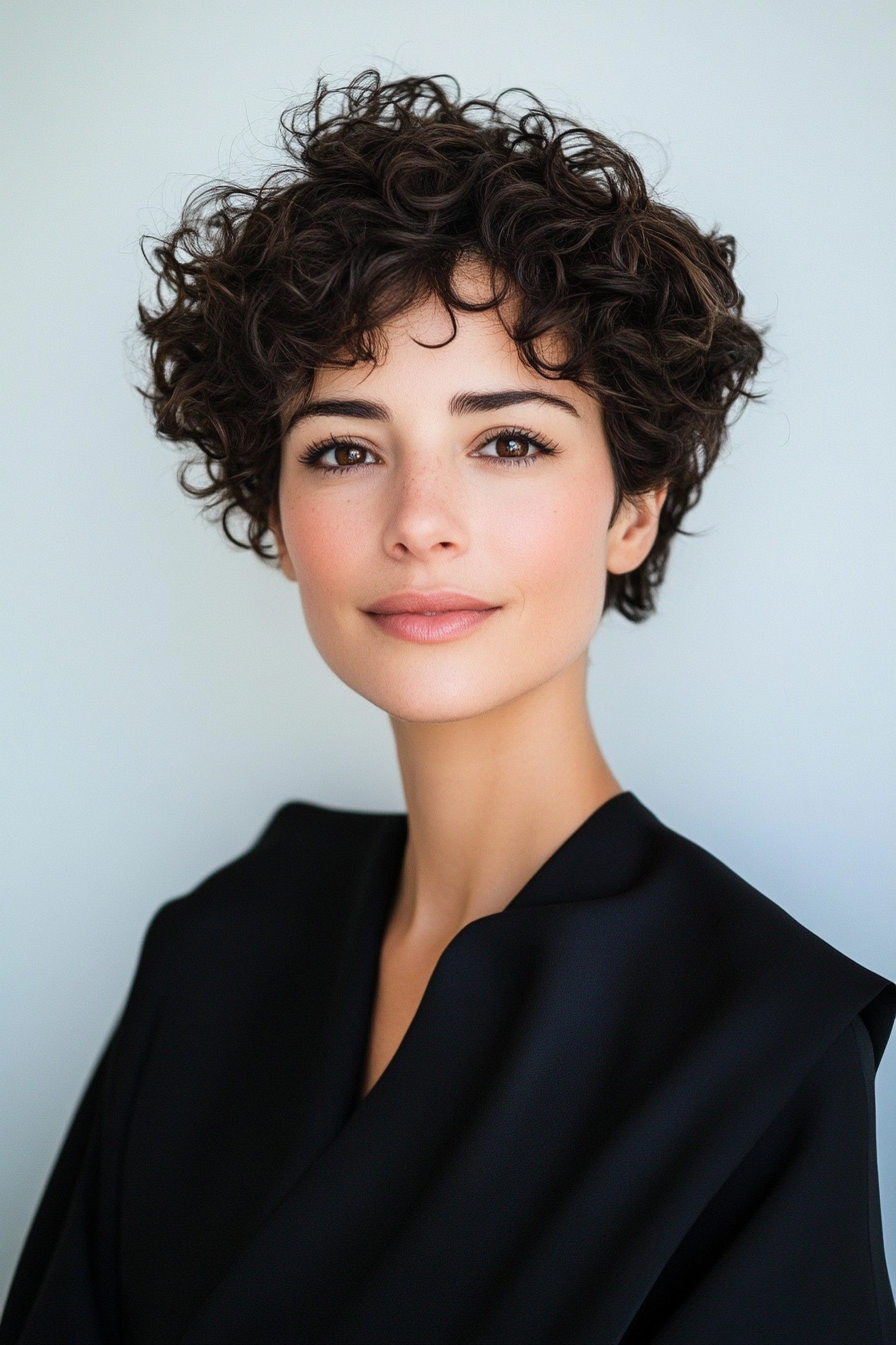 18. Feathered Curly Pixie in Dark Chestnut (Curly Hairstyles For Women Over 40) - Curly Hairstyles For Women Over 40