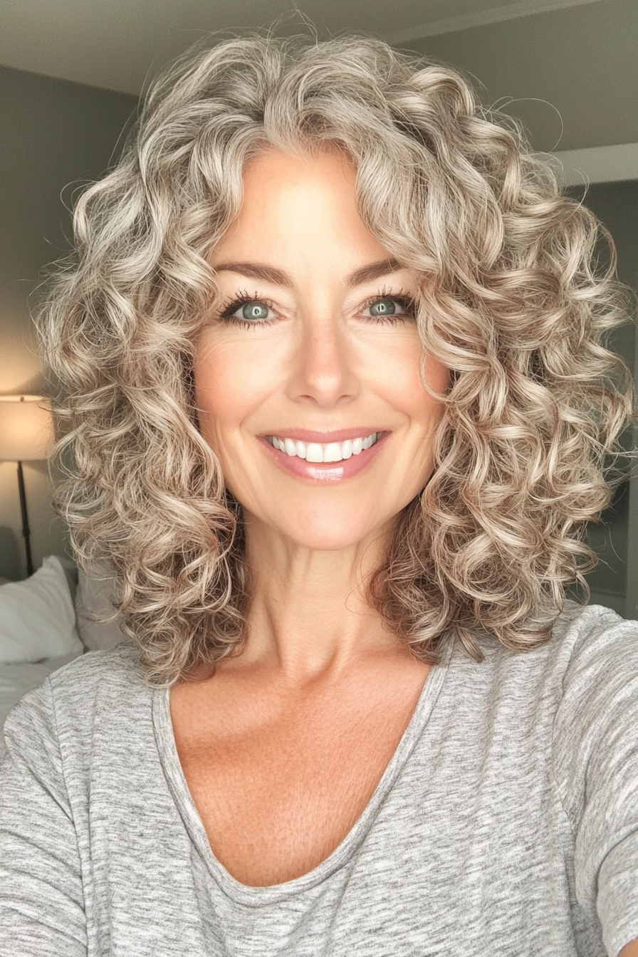 19. Curly Shoulder-Length Bob in Natural Ash Blonde (Curly Hairstyles For Women Over 40) - Curly Hairstyles For Women Over 40