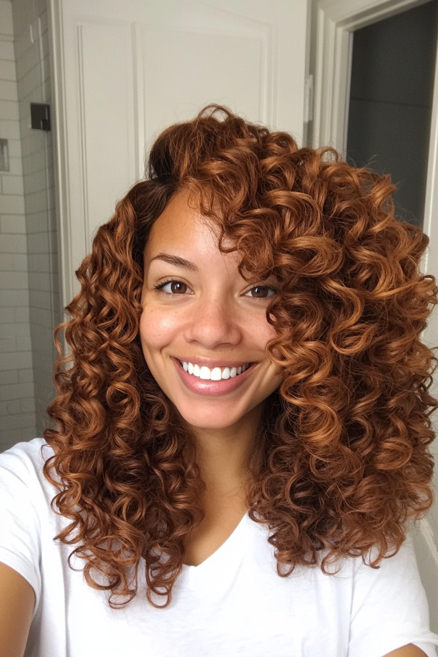 20. Tight Ringlets with Side Bangs in Deep Cinnamon Brown (Curly Hairstyles For Women Over 40) - Curly Hairstyles For Women Over 40