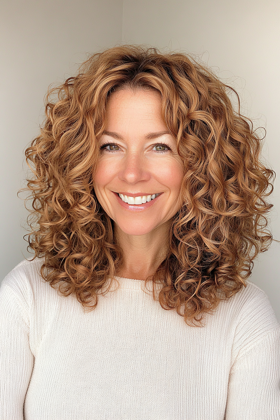 23. Textured Shoulder-Length Cut in Golden Chestnut (Curly Hairstyles For Women Over 40) - Curly Hairstyles For Women Over 40