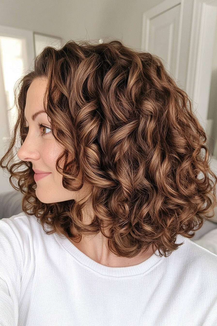 25. Tousled Curly Lob in Warm Maple Brown (Curly Hairstyles For Women Over 40) - Curly Hairstyles For Women Over 40