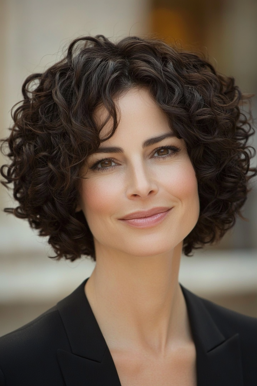 27. Short Voluminous Curly Crop in Deep Cocoa Brown (Curly Hairstyles For Women Over 40) - Curly Hairstyles For Women Over 40