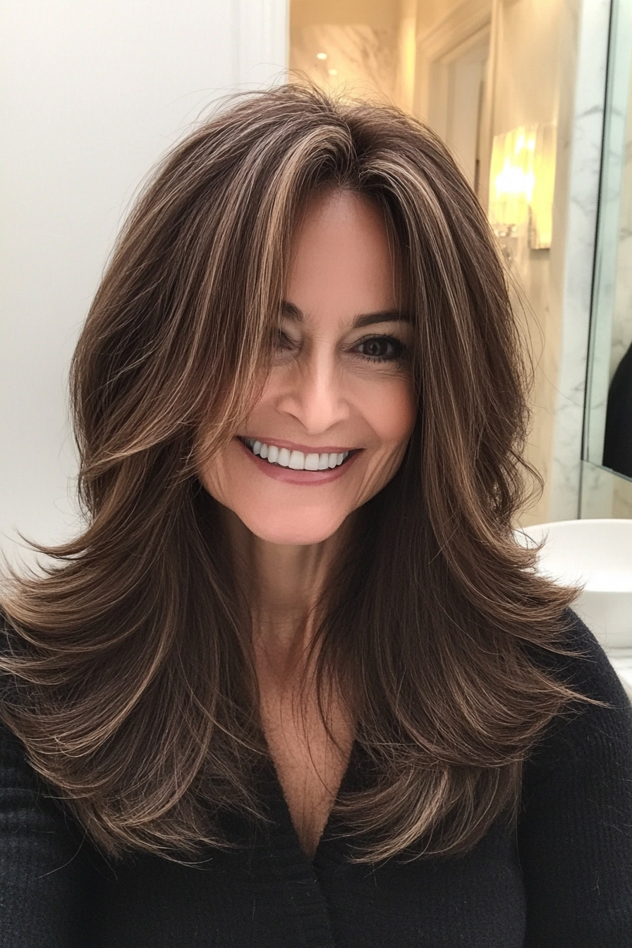 2. Long Tapered Layers in Deep Brunette (Layered Hairstyles For Older Women) - Layered Hairstyles For Older Women