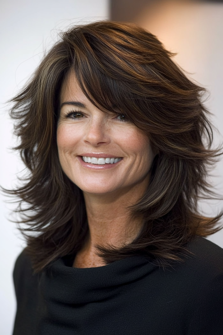 4. Mid-Length Layered Cut in Dark Mocha (Layered Hairstyles For Older Women) - Layered Hairstyles For Older Women