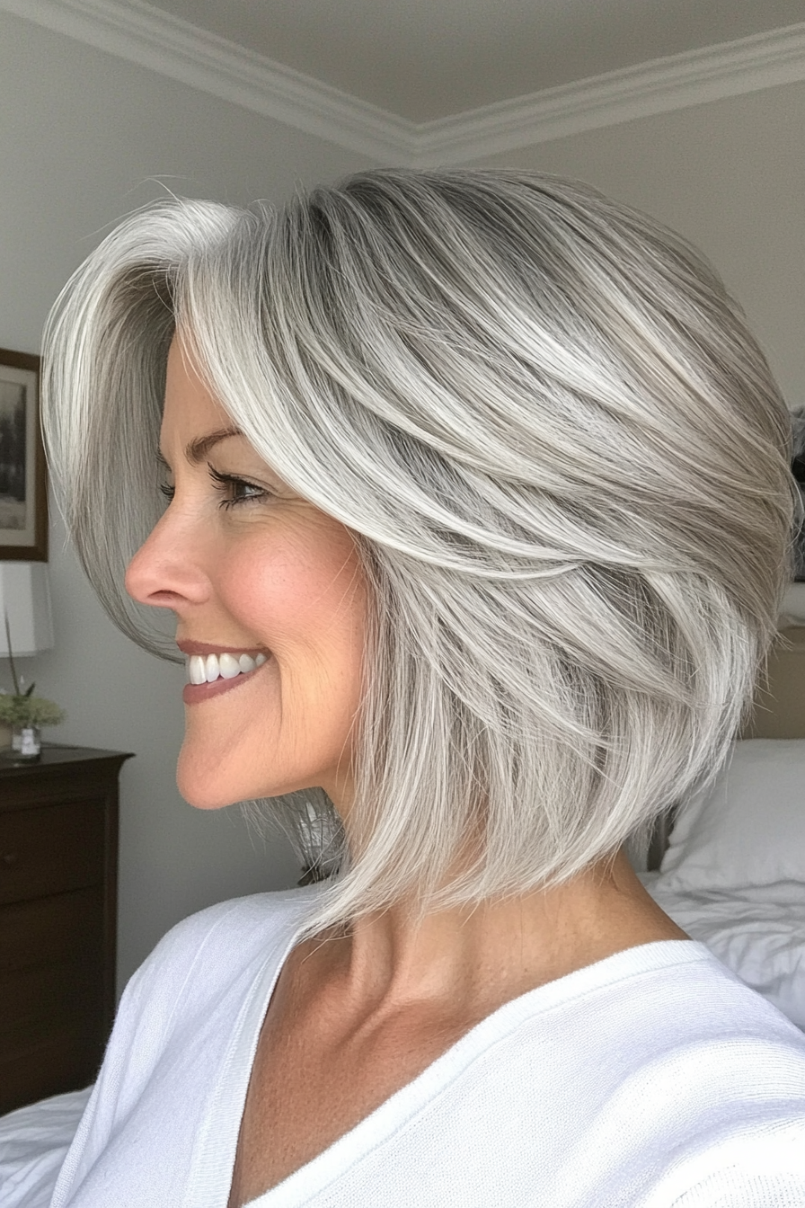5. Short Stacked Bob in Natural Silver (Layered Hairstyles For Older Women) - Layered Hairstyles For Older Women